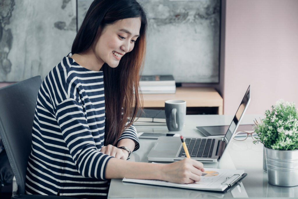 young woman working from home